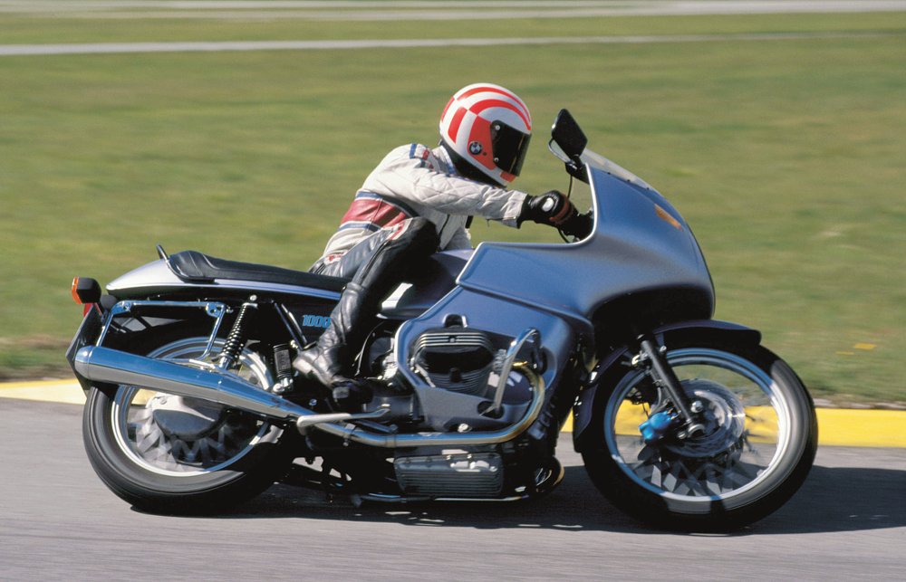 rider on a 1976 BMW R 100 RS on the track