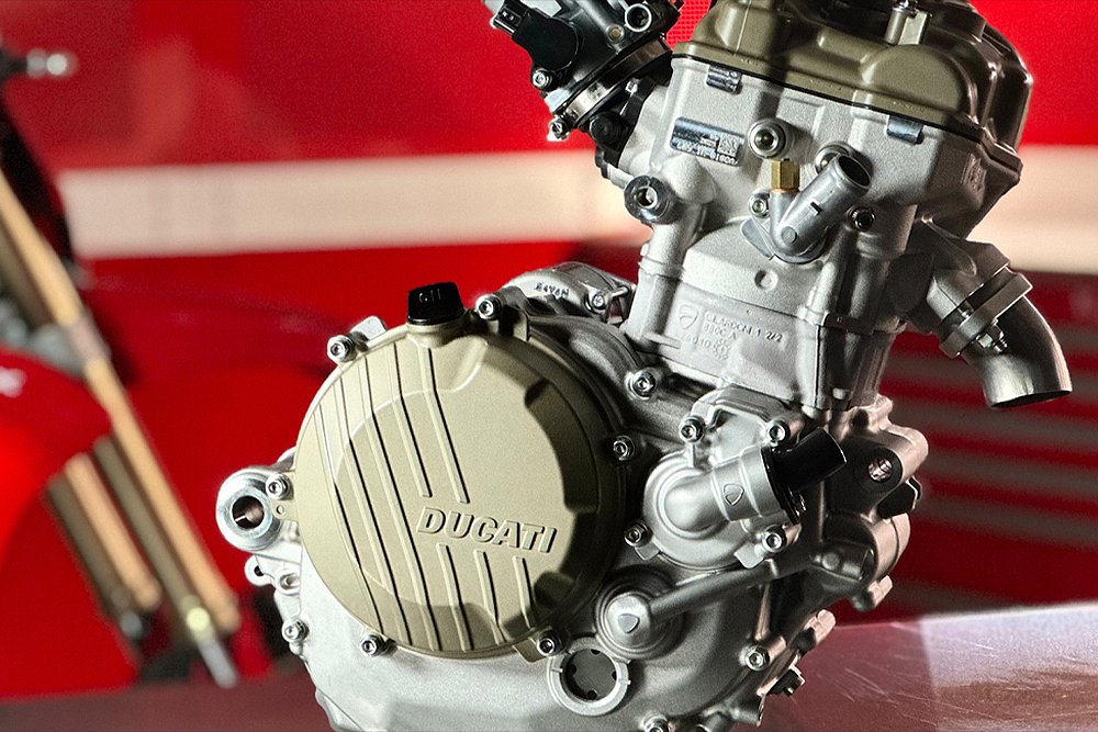 A close-up of the Desmo450 MX's single-cylinder engine.