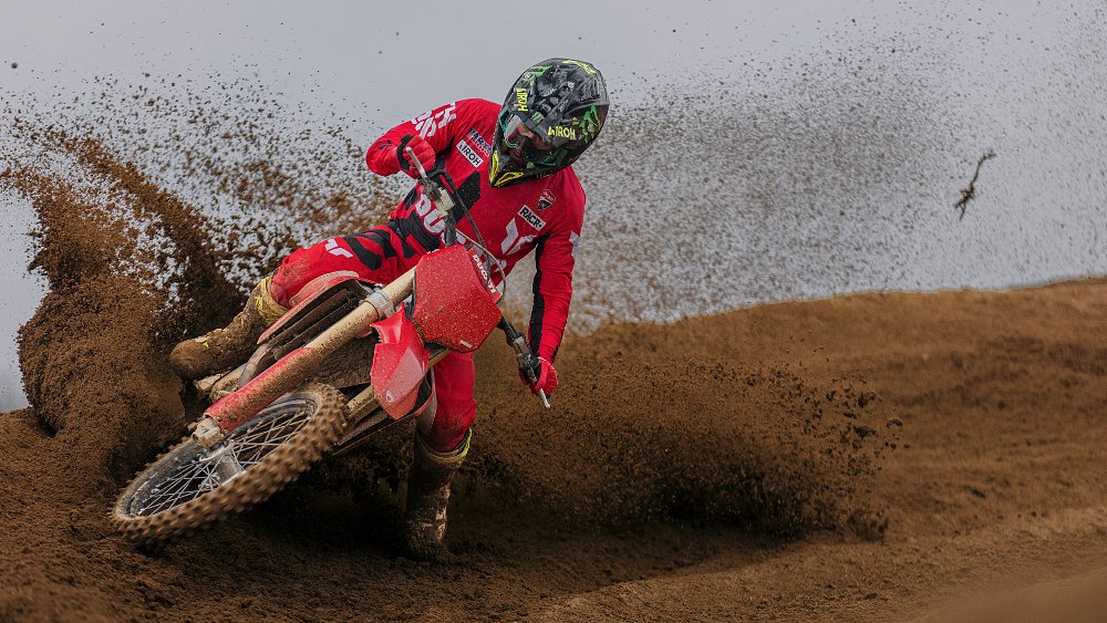 MXGP rider Alessandro Lupino whips the Ducati Desmo450 MX around a berm.