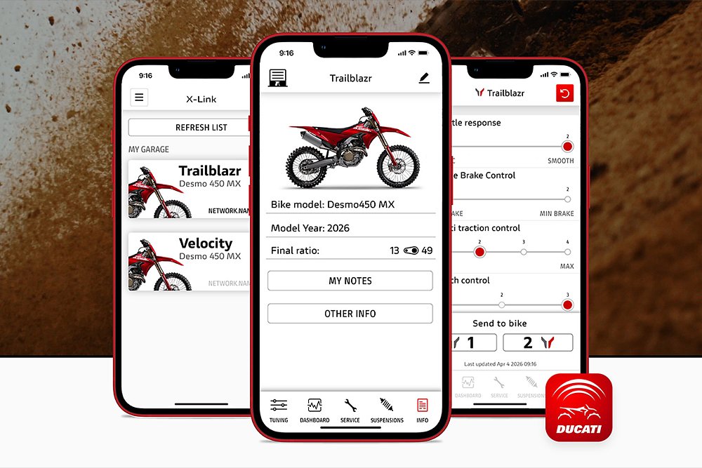Multiple panes of Ducati's X-Link mobile app displayed on three phones.