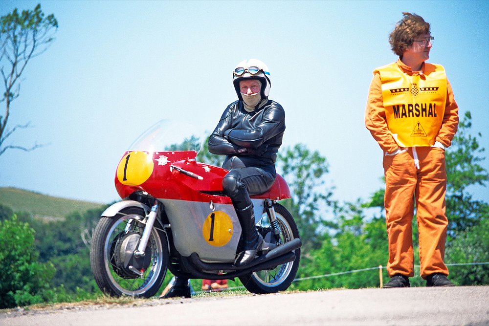 John Surtees mounted on a 500 cc MV Agusta that was recently sold at a Bonhams auction.