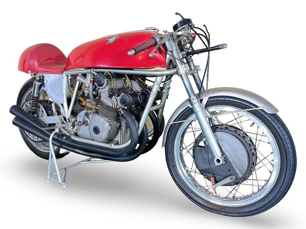 A front three-quarter view of the 1965 MV Agusta GP 500 sold at the Bonhams Spring Stafford Sale. 