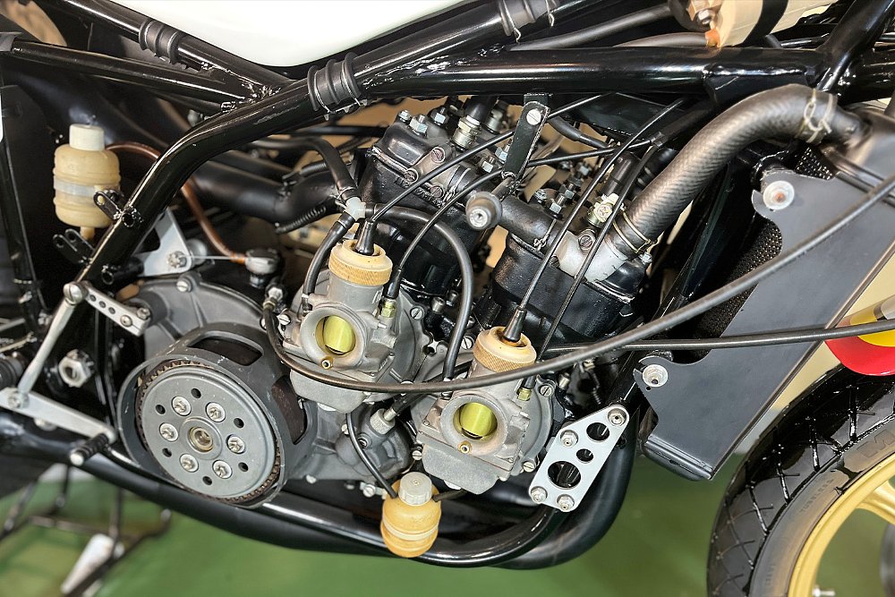 A close-up of the Suzuki RG 500's two-stroke engine.