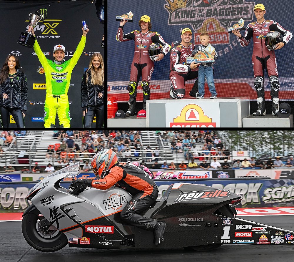 three photos of Roczen celebrating a win on the podium, the three J&P Cycles riders filling a King of the Baggers podium, and Richard Gadsen launching his RevZilla-sponsored Hayabusa at the drag strip