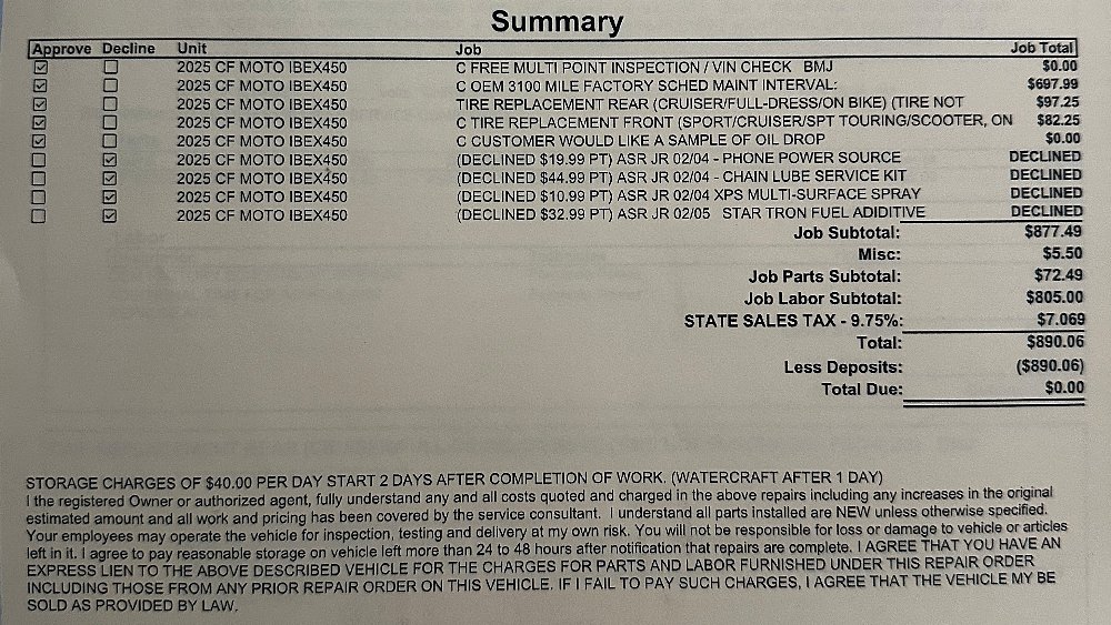 A printout of Ibex 450 charges accumulated at Del Amo Motorsports.