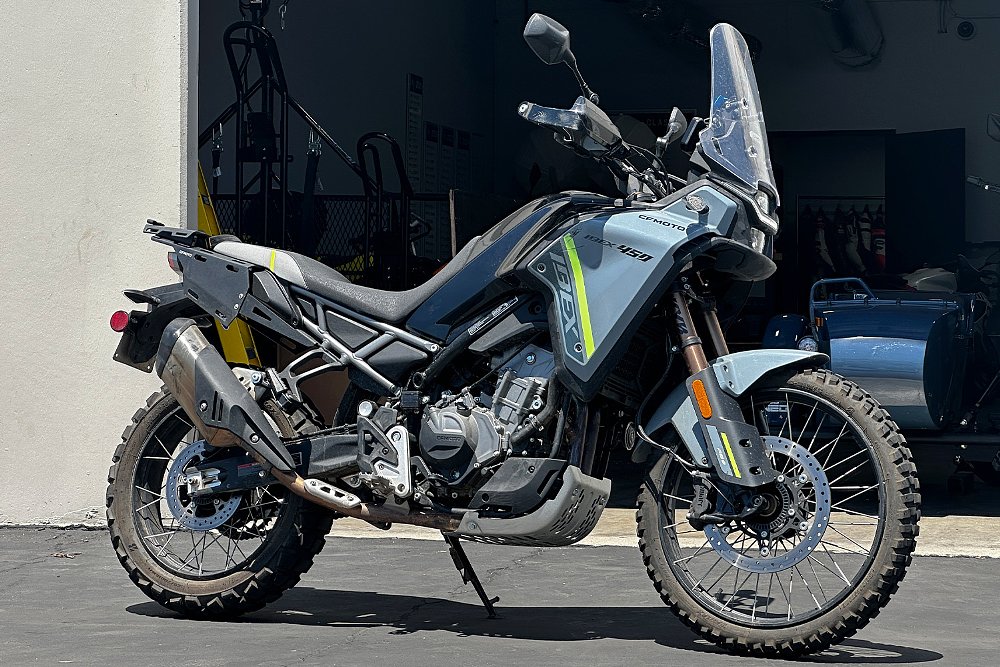 The Ibex 450 staged outside the RevZilla West garage space.