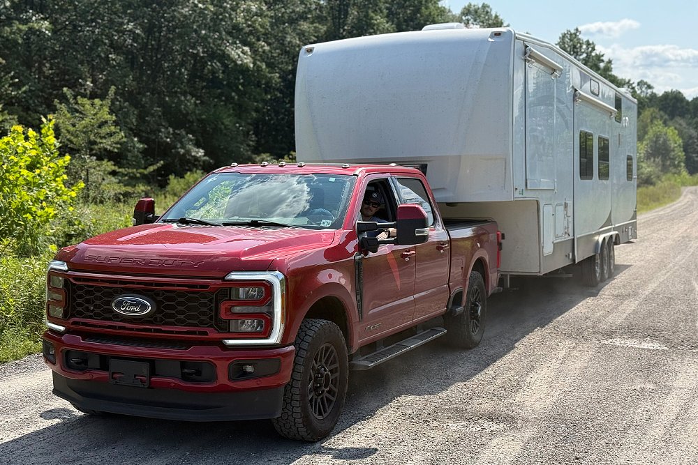 James drives his Ford F-350 Super Duty with his 40-foot toy hauler in tow.