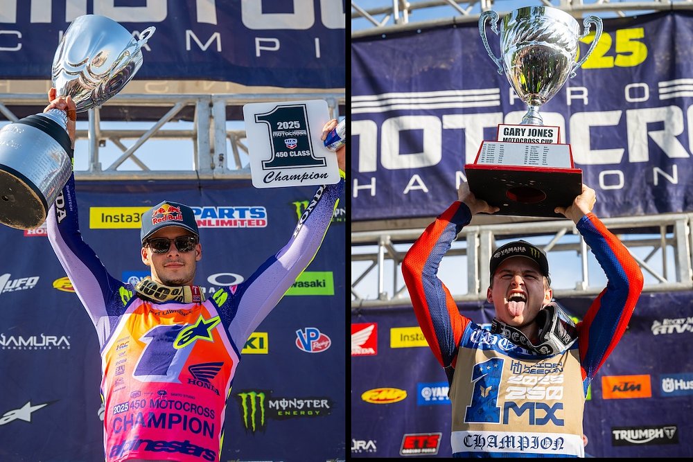 two photos of Lawrence and Deegan raising trophies after race wins