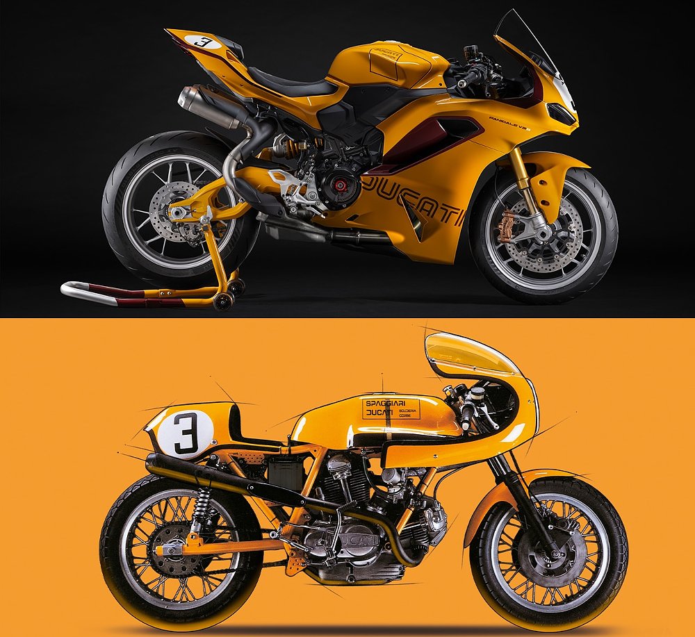 The Ducati Panigale V2 S 100 pictured over the 750 Super Sport Desmo.