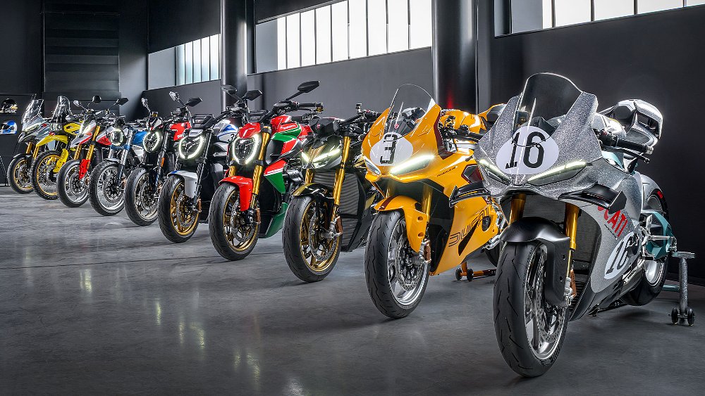 All 10 models in Ducati's Collezione 100 lined up in a warehouse.