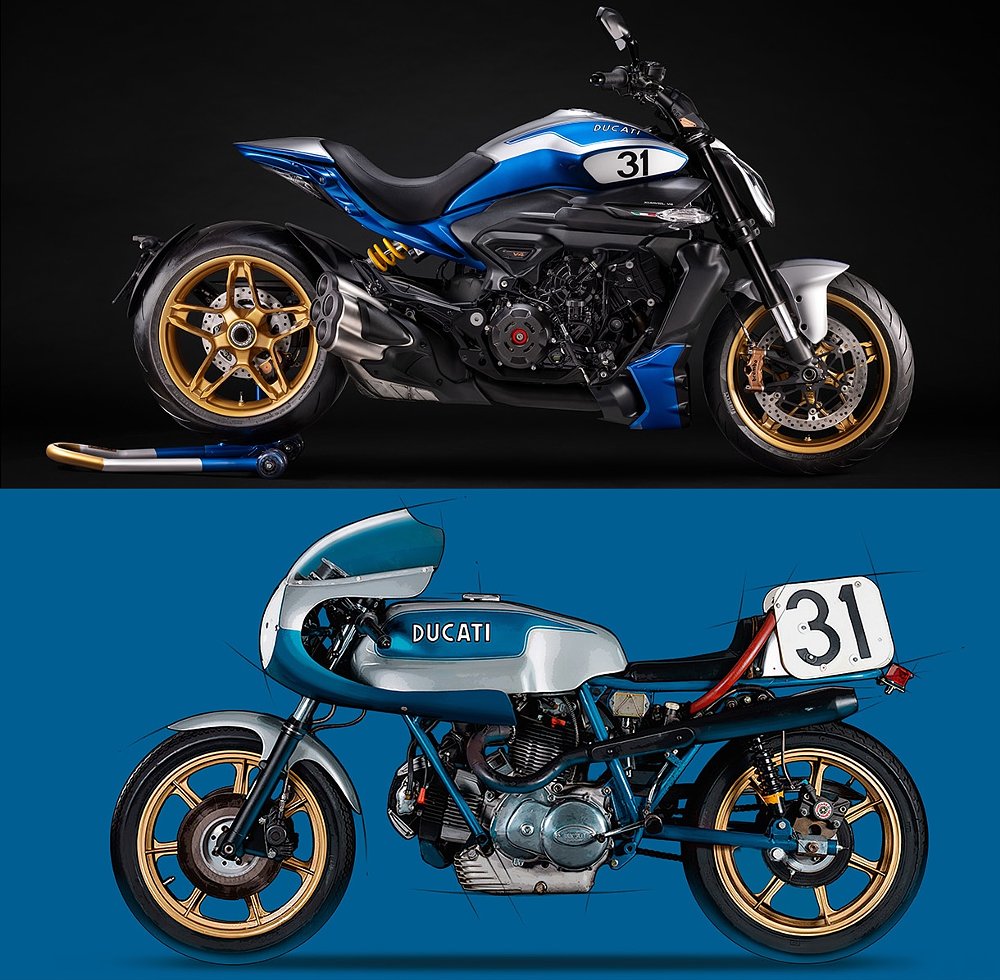 The XDiavel V4 100 pictured over the 750 Super Sport.