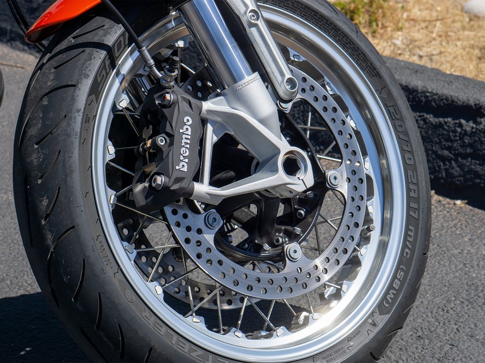 A close-up of the R 12 S's front wheel.