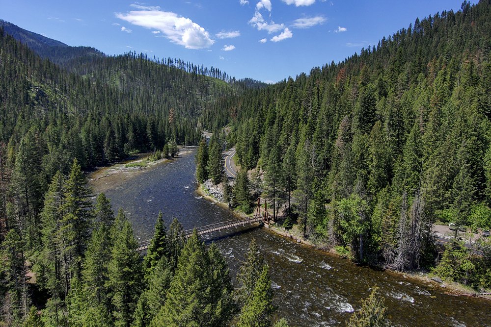 aerial view of road snaking through a forest and along a river