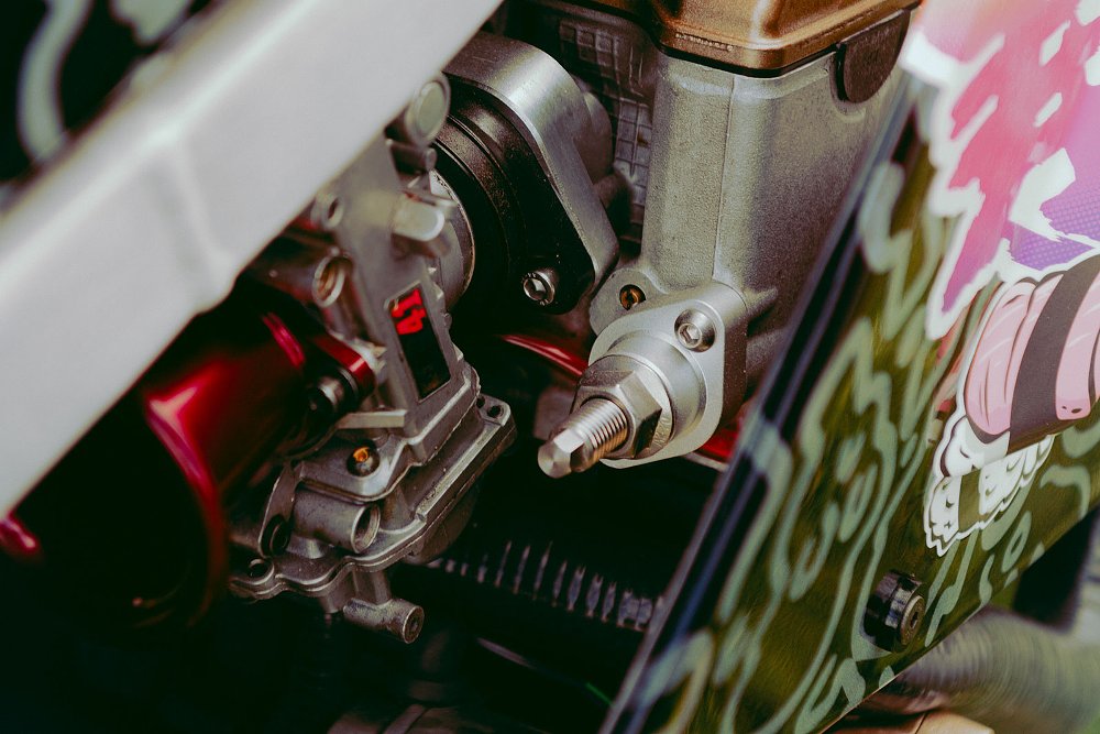 close view of the throttle bodies inside the frame
