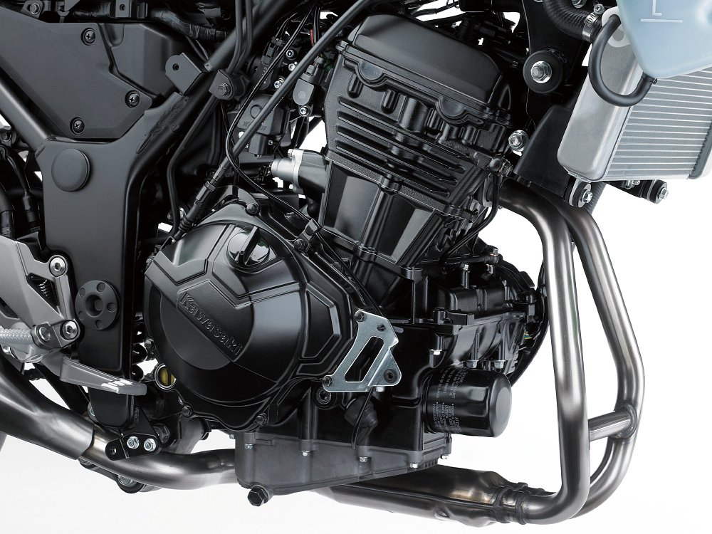 A close-up of the Ninja 300's 298 cc parallel-twin engine.