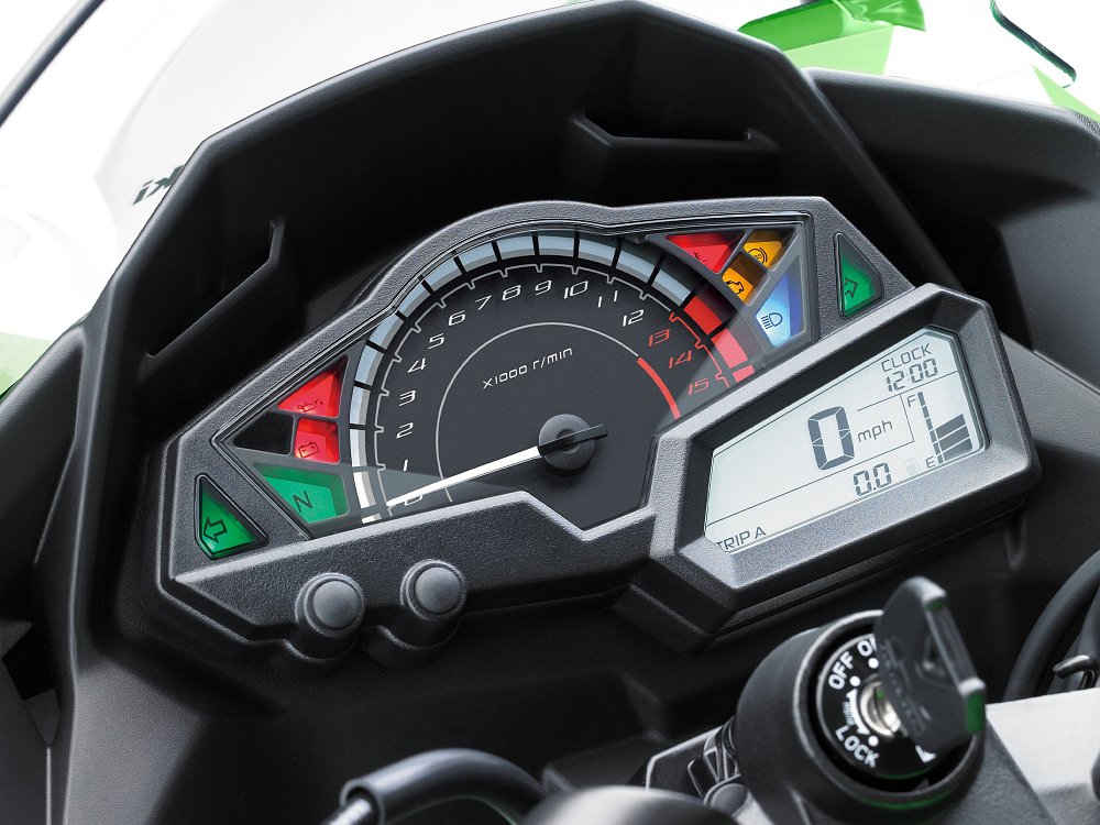 A close-up of the Ninja 300's dash.