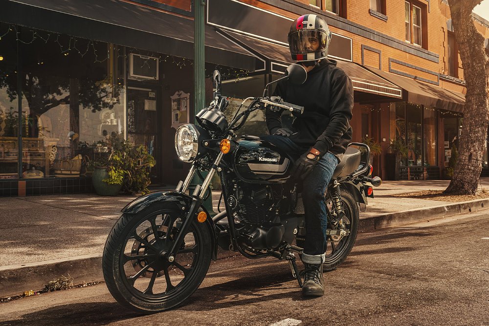 A rider mounted on a parked W175 LTD.