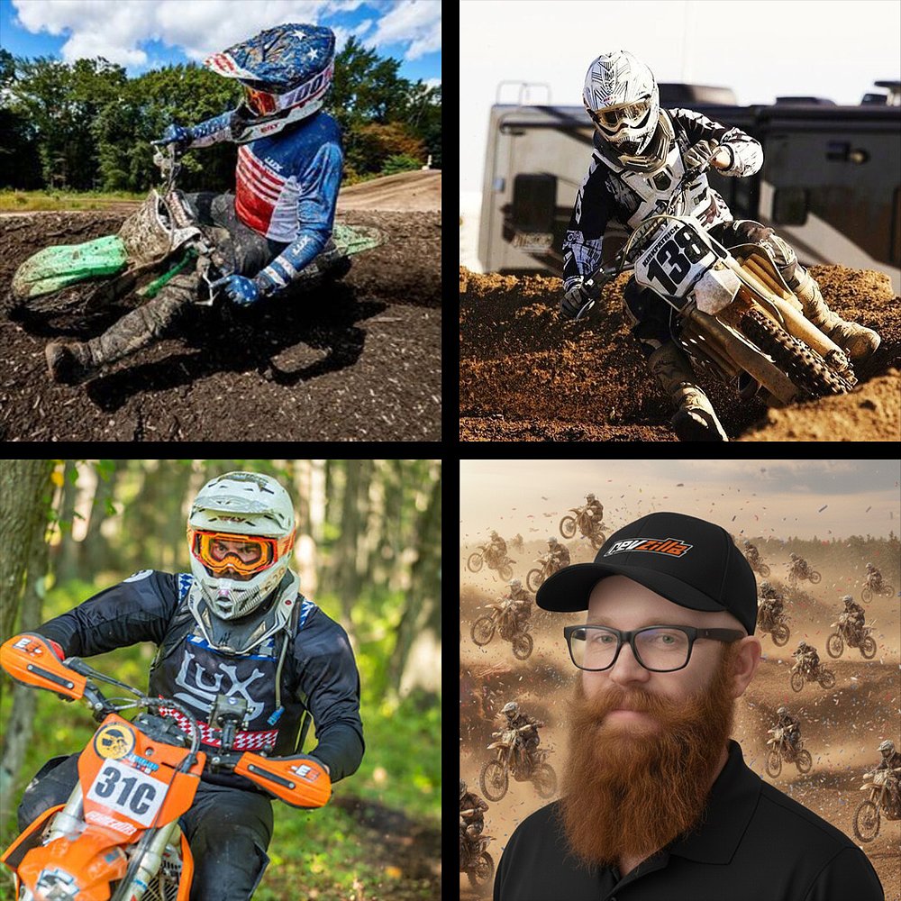 Four pictures of off-road riders that work at RevZilla.