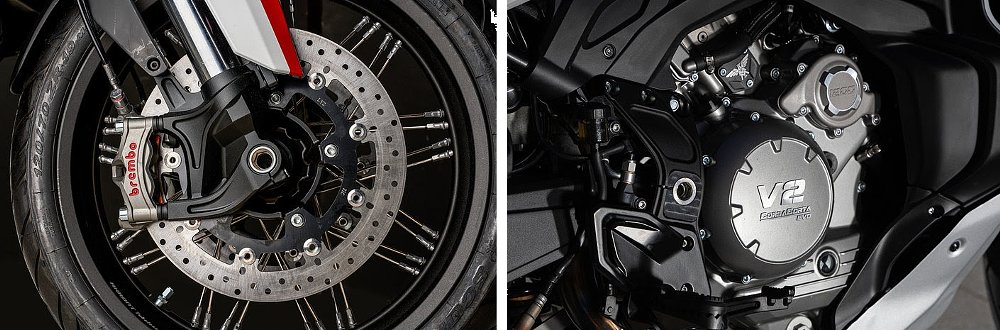 close photos of the front brakes and engine on the X-Cape 1200