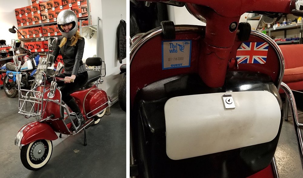 photos of the author on a dark red Vespa scooter and a close shot of a pass to the concert on the interior of the fairing