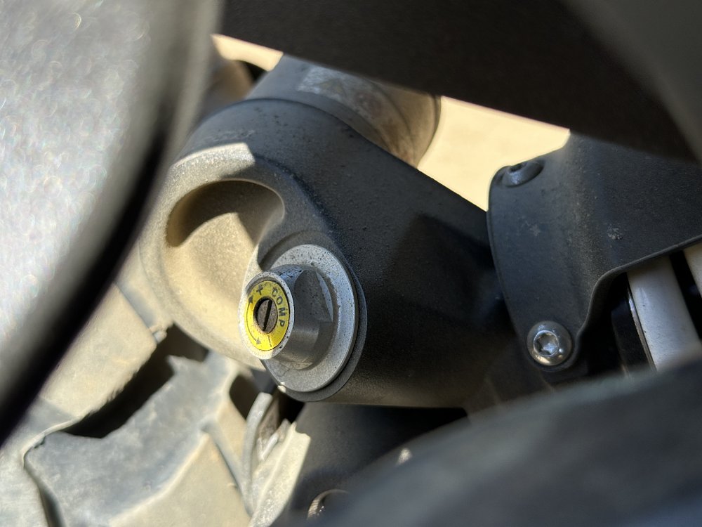 2026 BMW R 12 G/S rear shock damping adjuster detail.