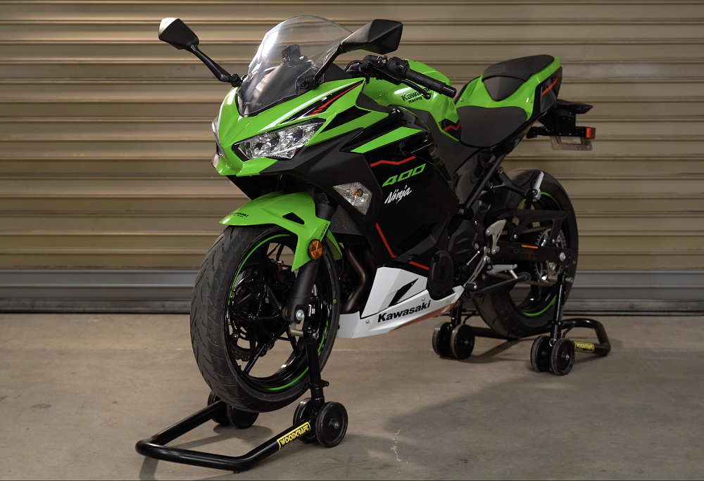 Ninja 400 on front and rear motorcycle stands