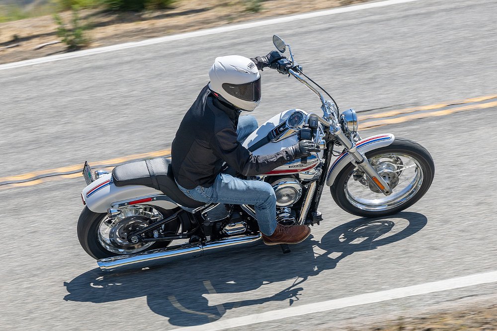 Dustin steers the Super Glide through a curve.