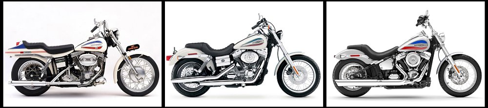 The 1971, 2006, and 2026 Super Glides presented side by side.