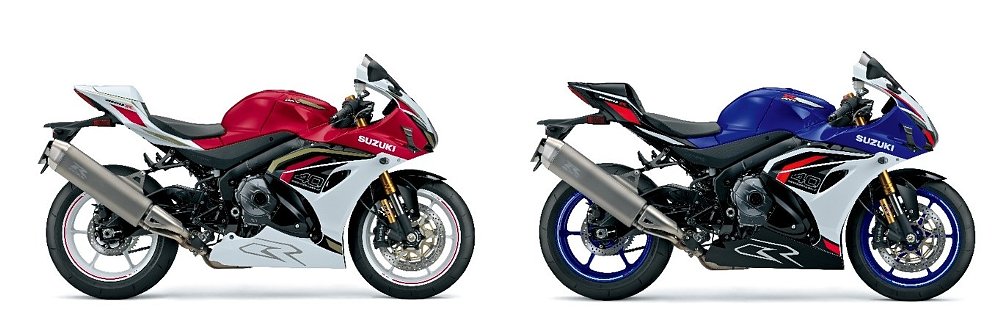 studio photos of the GSX-R1000RS sport bikes in red and blue