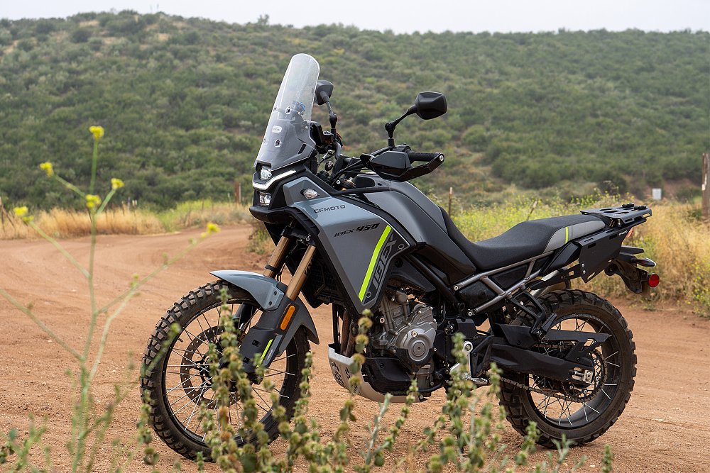 The Ibex 450 staged on a mountainside trail.