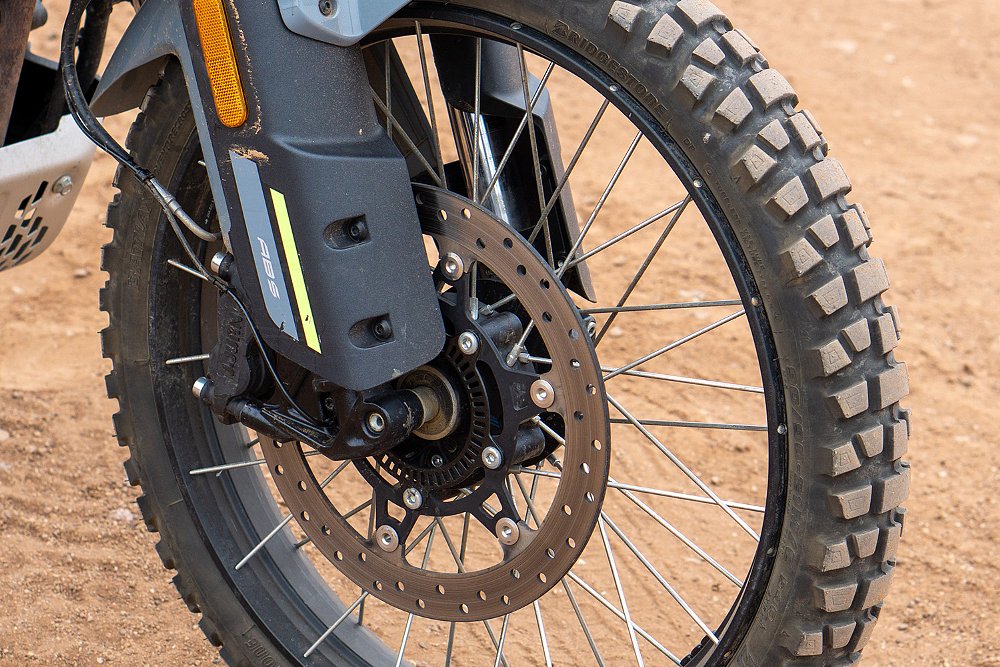 A close-up of the Ibex 450's front wheel.
