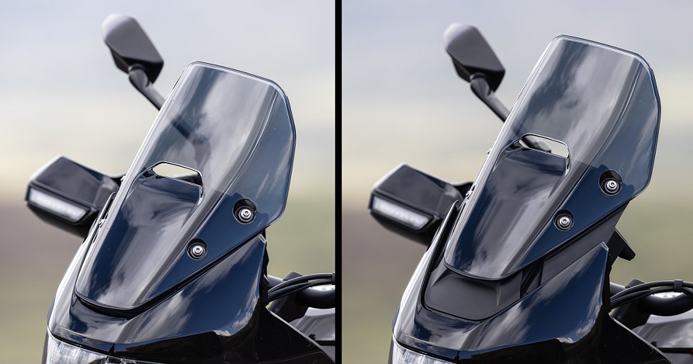 two photos showing the windscreen in raised and lowered positions for comparison