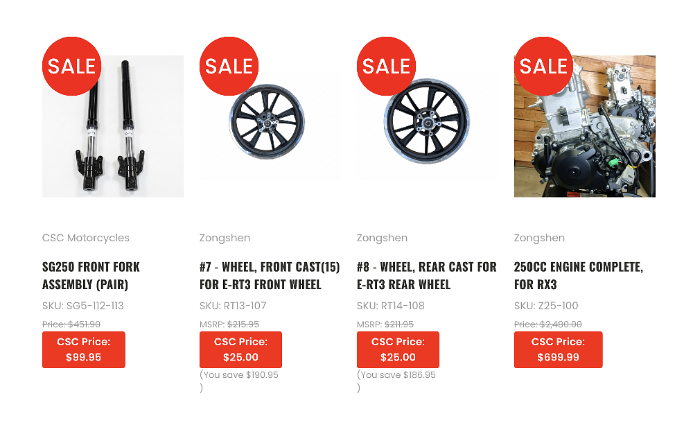 A screenshot of the heavily discounted parts offered on CSC Motorcycles website.