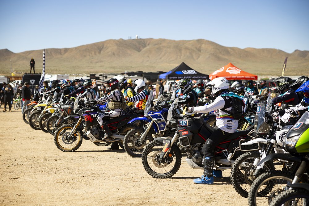 view of motorcycles in the desert on the starting line of the Biltwell 100