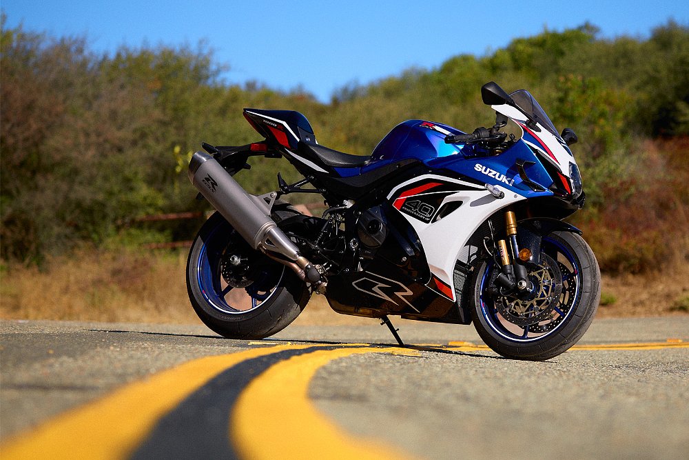 The GSX-R1000RS staged on a canyon road.