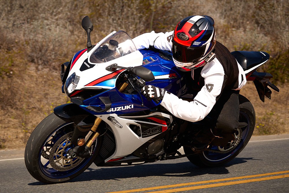 Dustin drives the GSX-R1000RS out of a corner.