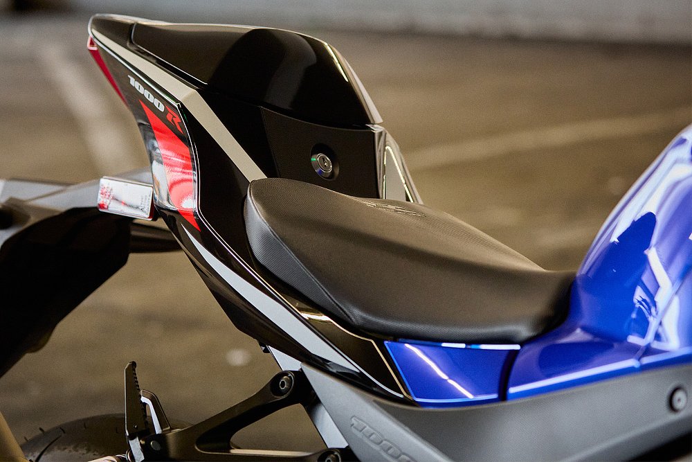 A close up of the GSX-R1000RS's seat.