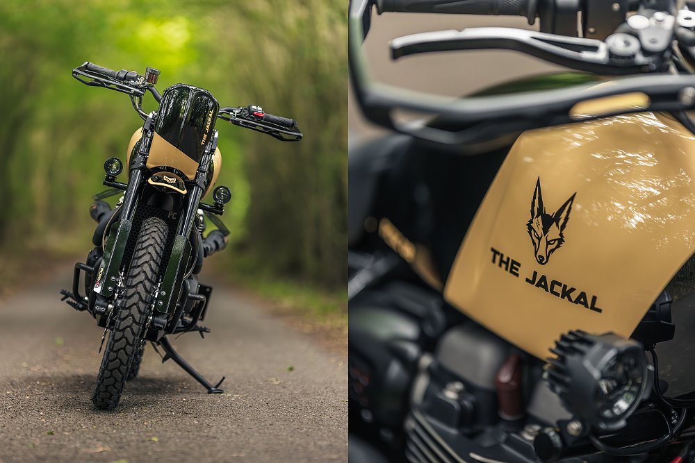 two photos, a front view with the windscreen lowered to hide the headlight and a close shot of 'The Jackal' painted on the tank