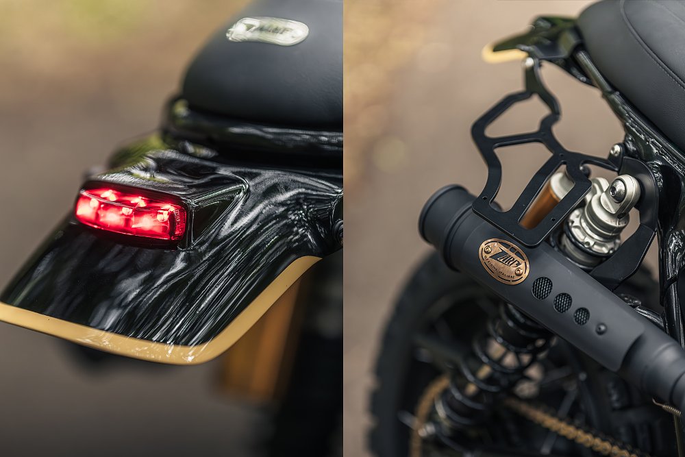 detail shots of black and gold parts on the scrambler
