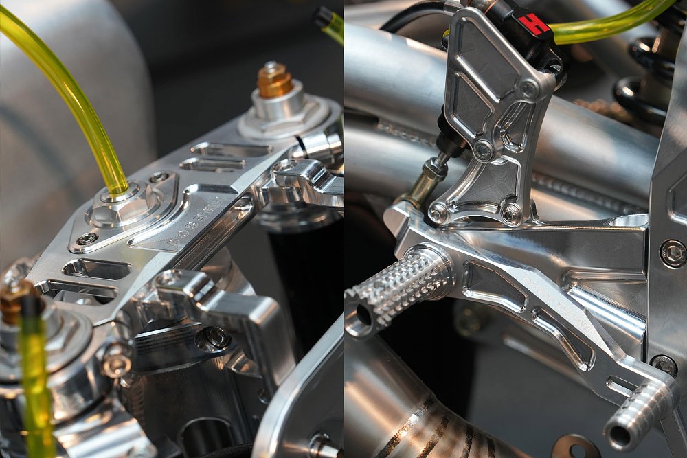 close views of some of the aluminum parts on the motorcycle