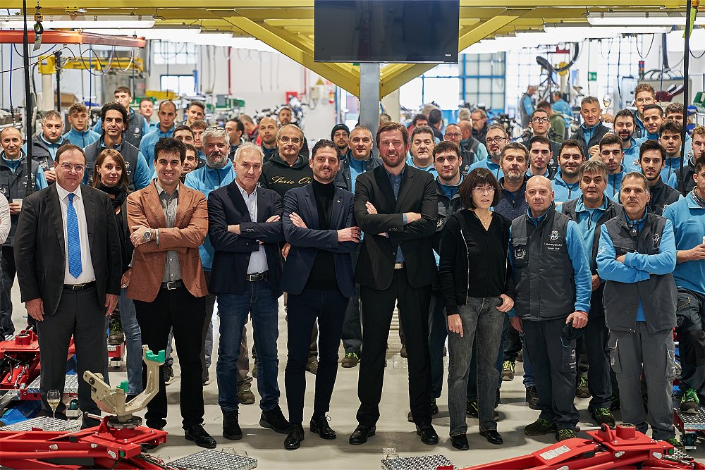 MV Agusta employees posing for a group picture at the Varese factory.