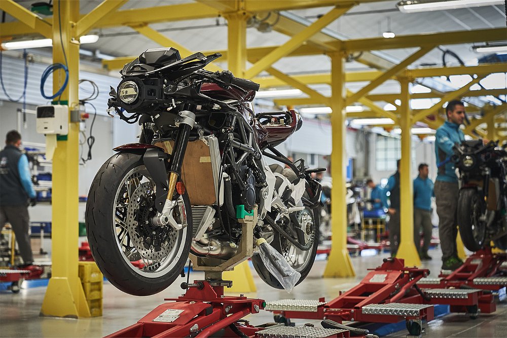 A partially assembled motorcycle on MV Agusta's production line.