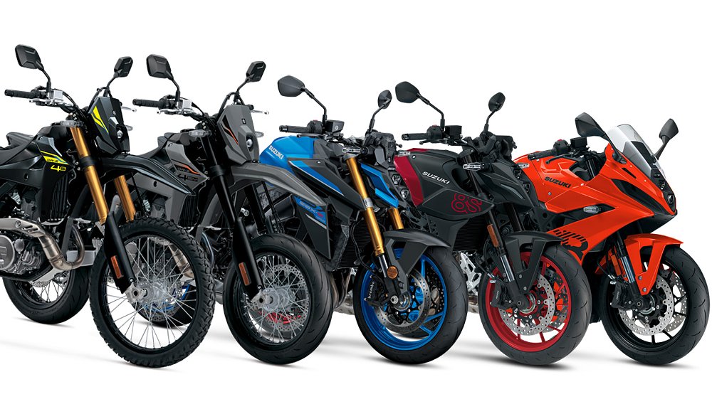 A lineup of Suzuki's 2027 DR-Z4S, DR-Z4SM, GSX-8S, GSX-8R, and GSX-S1000.