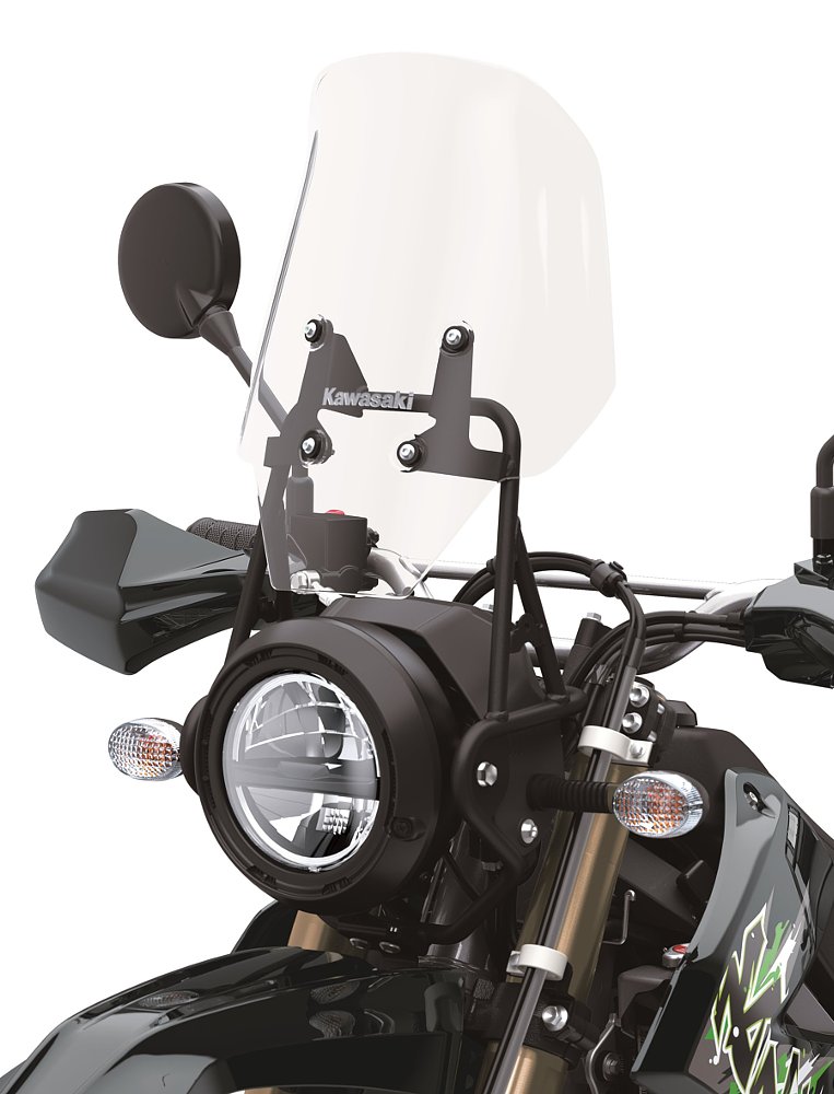 close view of the tall windscreen and round headlight on the KLX300 XPL