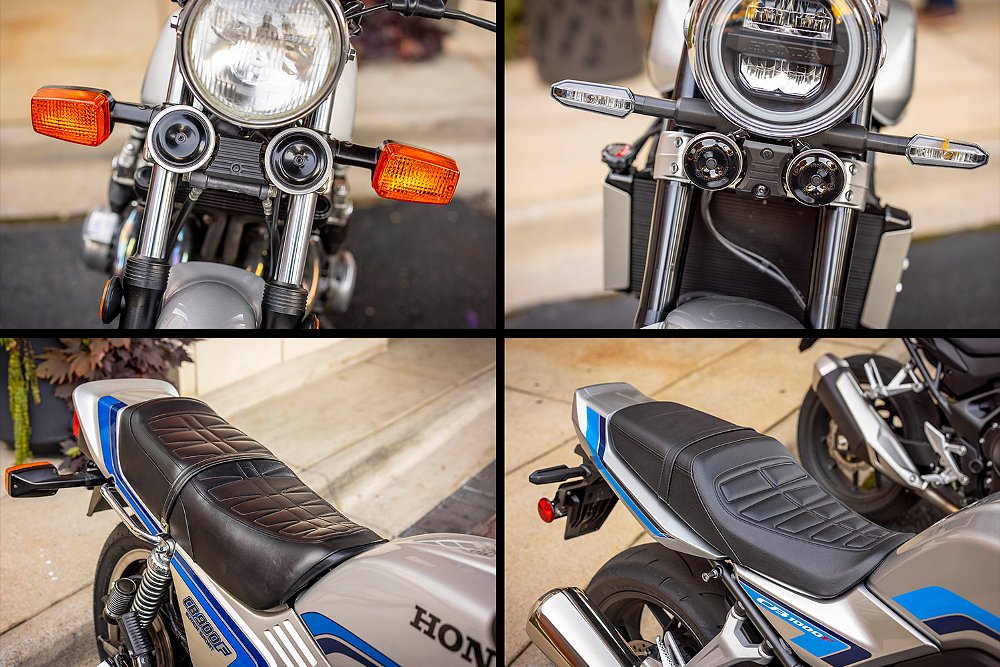 Close ups of the CB900F and CB1000F's double horns and seats.