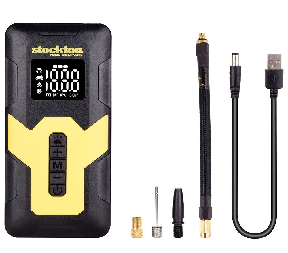 studio photo of the Stockton tire pump and attachments