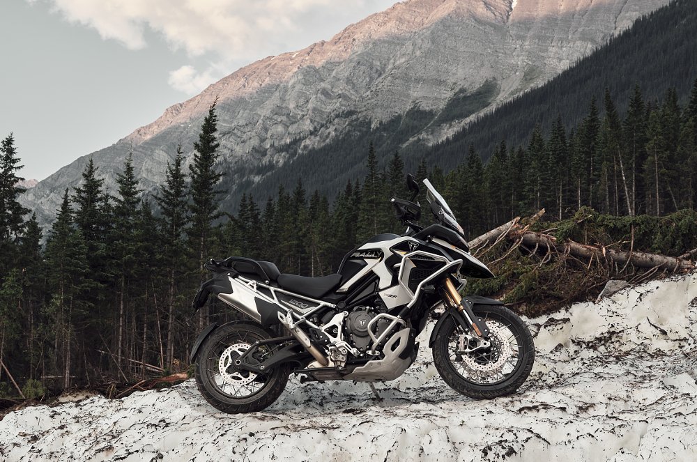 Triumph Tiger 1200 Rally Explorer parked in a mountain scene