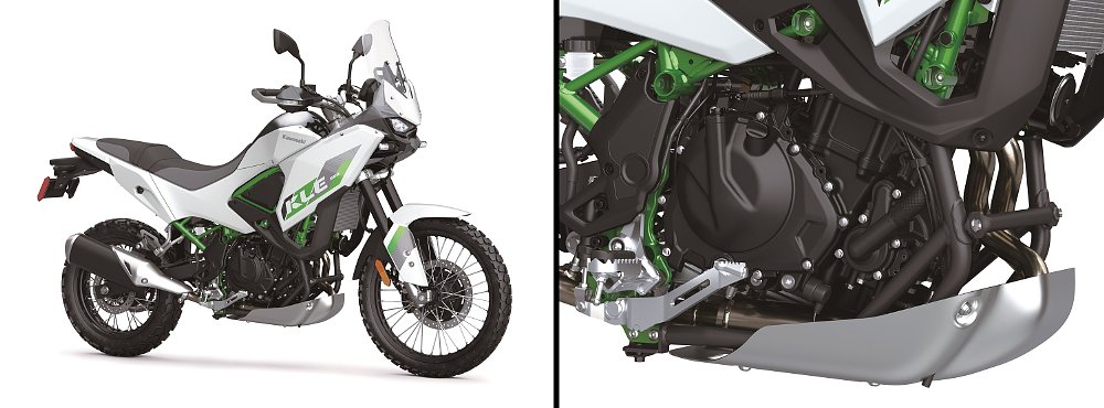 two photos, one of the white KLE500 and a close view of the engine on the clutch side