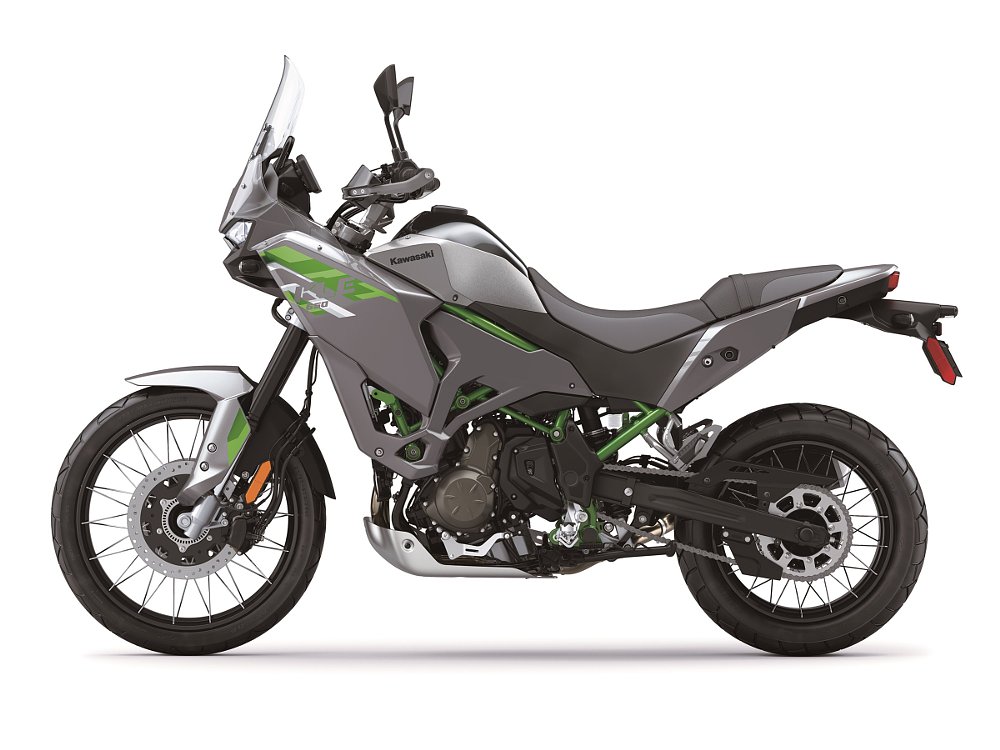 studio photo of the KLE650 SE ABS in gray with green accents