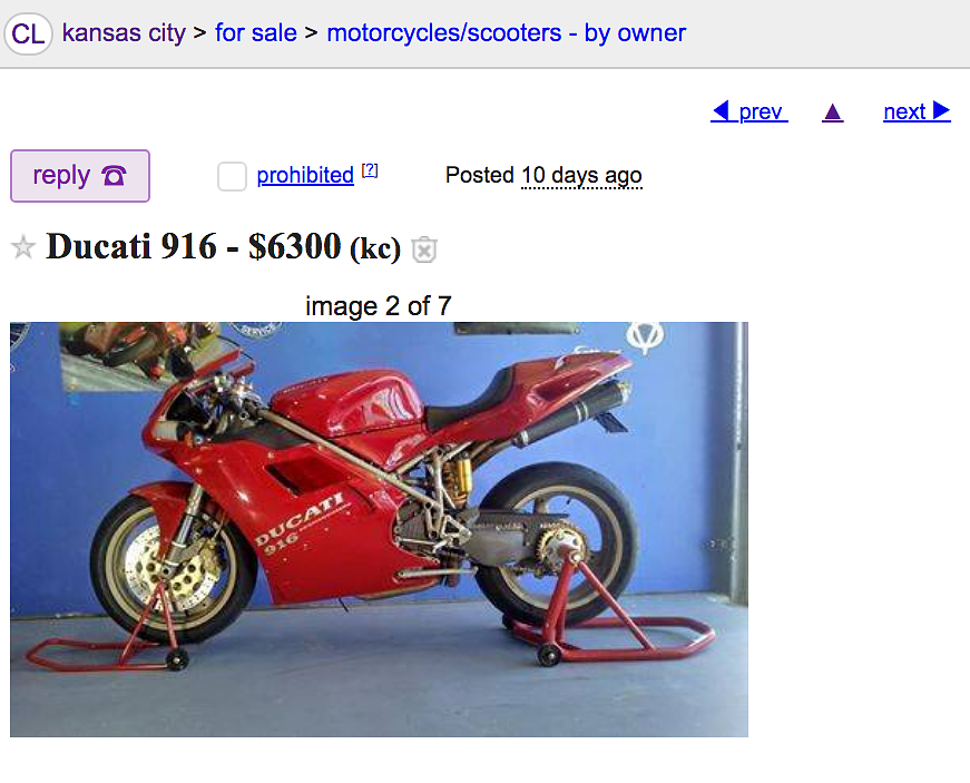 Craigslist ad for a used Ducati 916